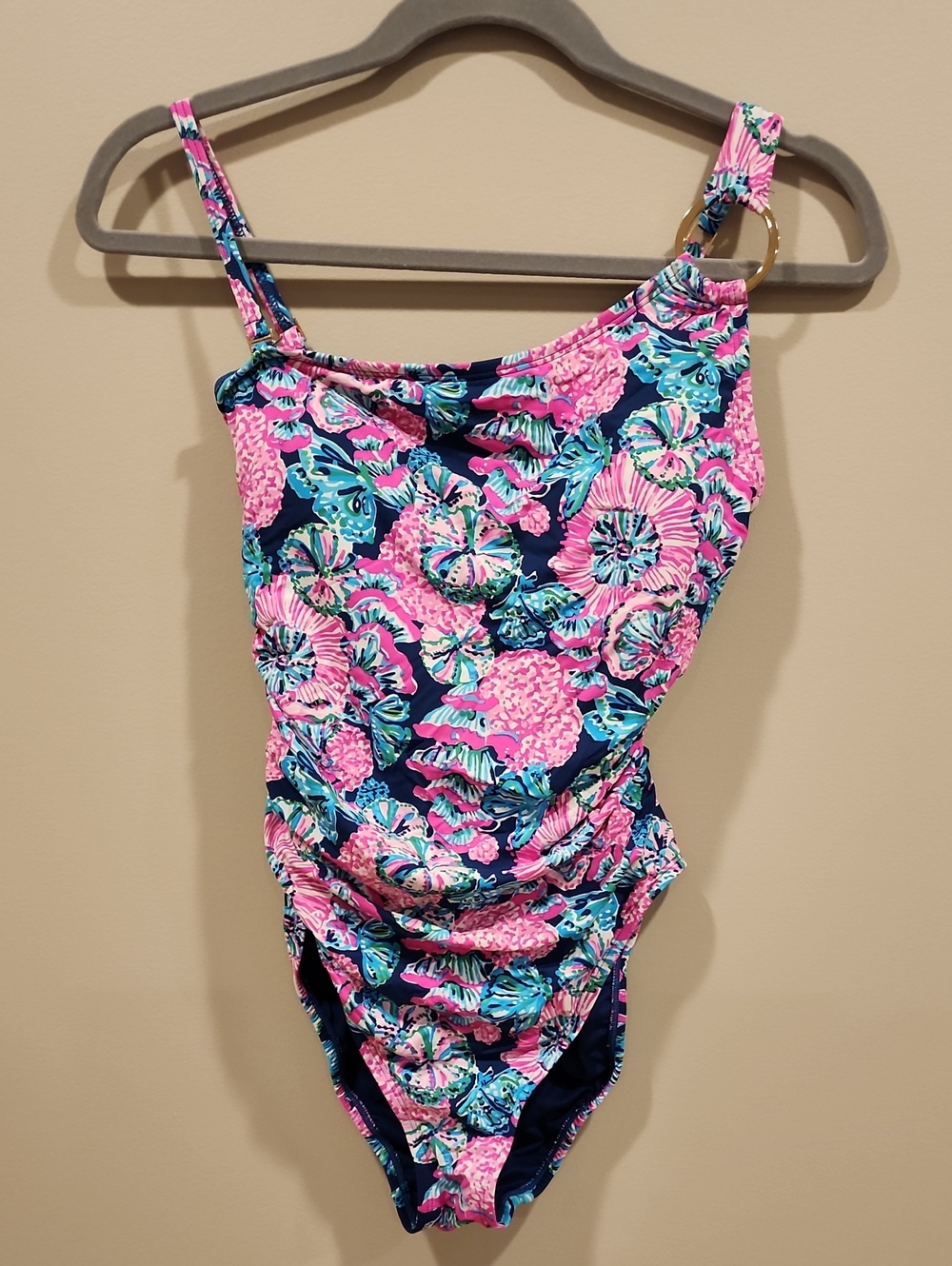 Lilly Pulitzer Floral Navy and Pink One-Piece Swimsuit with Ring Detail, Size 4